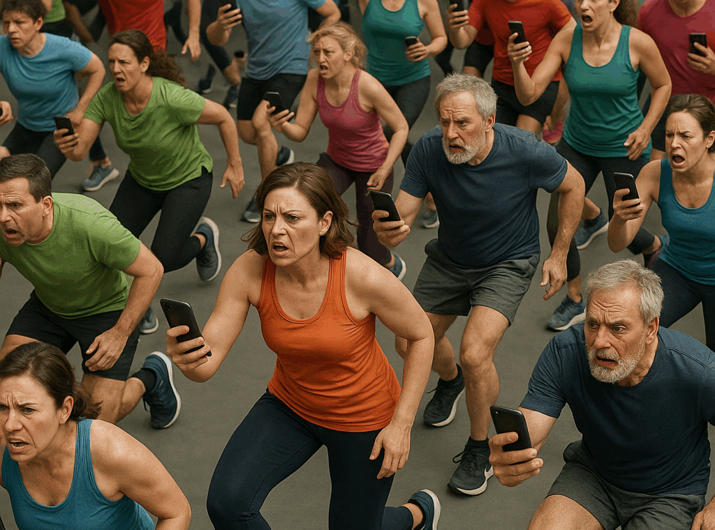 20250720_1730_Exercício Confuso Coletivo_simple_compose_01k0mrcvshe098czy45gzh8k56 - TTC Studio de Personal Training Ambiente de academia lotada e impessoal, destacando os desafios do modelo tradicional de treinamento