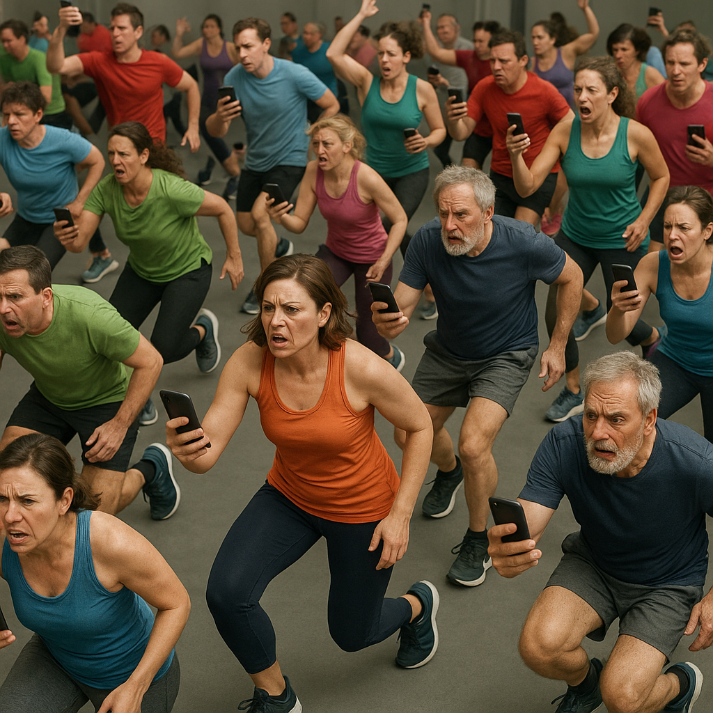 20250720_1730_Exercício Confuso Coletivo_simple_compose_01k0mrcvshe098czy45gzh8k56 - TTC Studio de Personal Training Ambiente de academia lotada e impessoal, destacando os desafios do modelo tradicional de treinamento