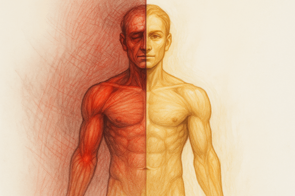 20250721_0824_Duality of Well-being_simple_compose_01k0pbhnq9emgrkwkyq4t10ax1 - TTC Studio de Personal Training Representação visual dos efeitos da falta de orientação física adequada sobre o corpo humano