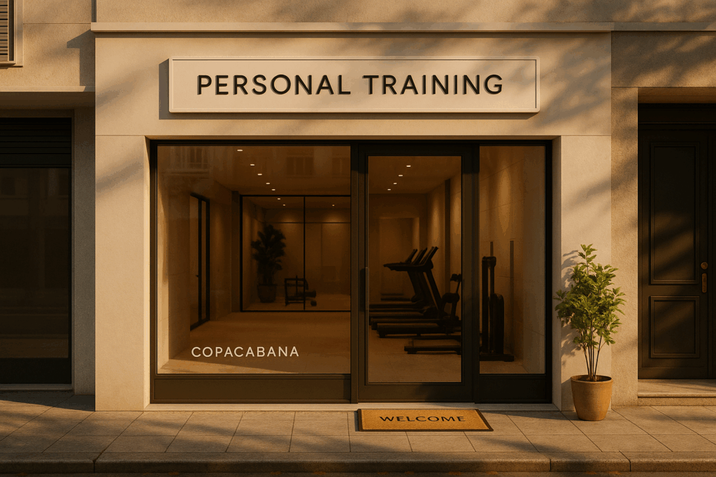20250721_0826_Luxury Fitness Studio Entrance_simple_compose_01k0pbmyv5e05rrmakchfezaw6 - TTC Studio de Personal Training Fachada do TTC Studio de Personal Training em Copacabana, pronto para receber novos alunos
