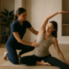 Personal trainer ajustando a postura de aluna em estúdio minimalista com luz natural e atmosfera de tranquilidade