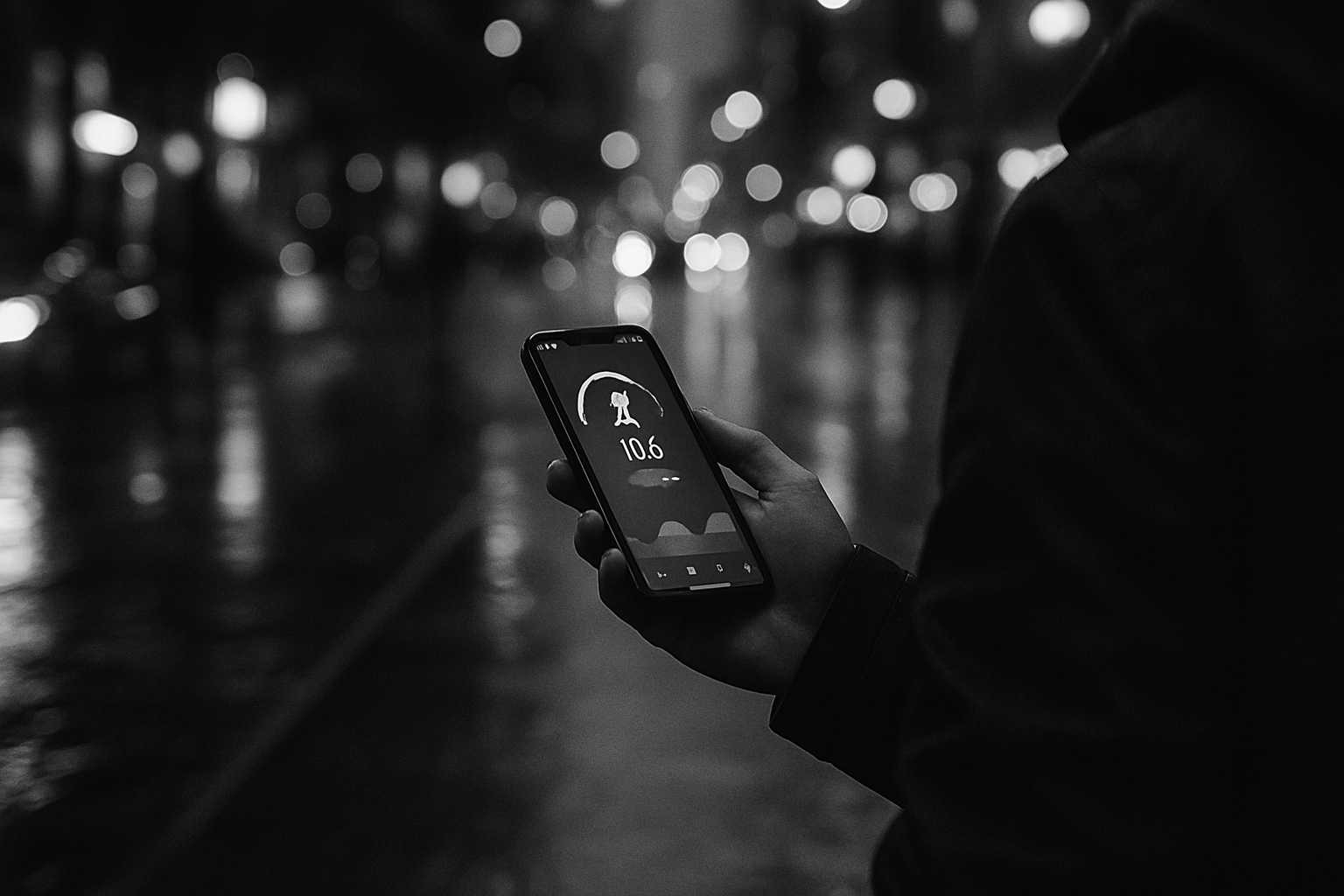 20250723_0711_Urban Rainy Walk_simple_compose_01k0vc7ecjexjvshk7eb8bt6pm - TTC Studio de Personal Training Mão segurando celular com app fitness em rua urbana à noite, representando a praticidade dos agregadores.