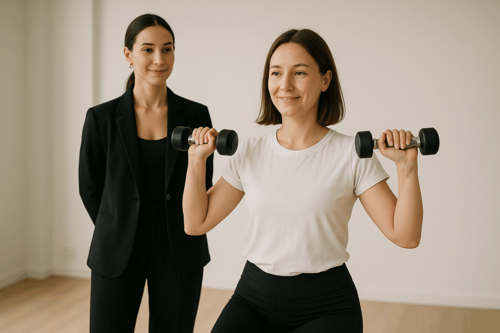 20250723_0722_Personalized Workout Elegance_simple_compose_01k0vctzvmfszbzysq3y7ehdzy 1 - TTC Studio de Personal Training Aluna sorrindo durante treino personalizado com treinador atento ao fundo, em estúdio minimalista.