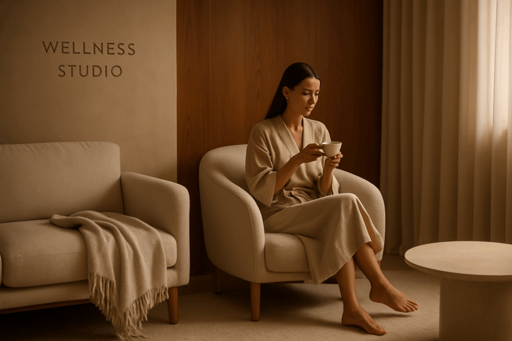 20250723_0729_Tranquil Spa Retreat_simple_compose_01k0vd7rgxfqvbwzf2q441k64p - TTC Studio de Personal Training Mulher sentada em lounge de estúdio wellness tomando chá, simbolizando acolhimento e saúde integral.