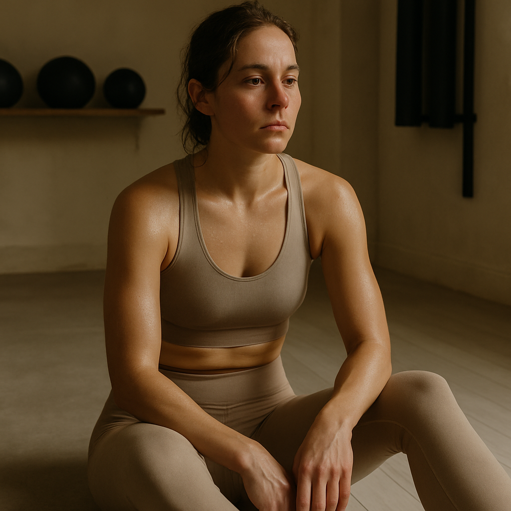 20250724_0924_Reflective Gym Moment_simple_compose_01k0y6817rf6atgb9q8m1jf8tm - TTC Studio de Personal Training Close-up do olhar de uma mulher refletindo sozinha após treino, sentada no chão, suada, com expressão introspectiva e leve.