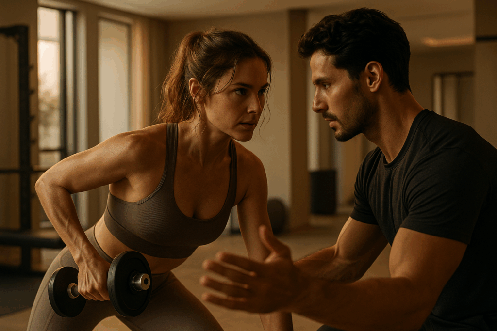 20250724_0925_Elite Fitness Connection_simple_compose_01k0y67sjeeekaanzvfsmhmq00 - TTC Studio de Personal Training Personal trainer e aluna em conexão profunda durante treino personalizado de alta performance. Estúdio boutique, atmosfera premium e envolvente.