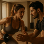 Personal trainer e aluna em conexão profunda durante treino personalizado de alta performance. Estúdio boutique, atmosfera premium e envolvente.