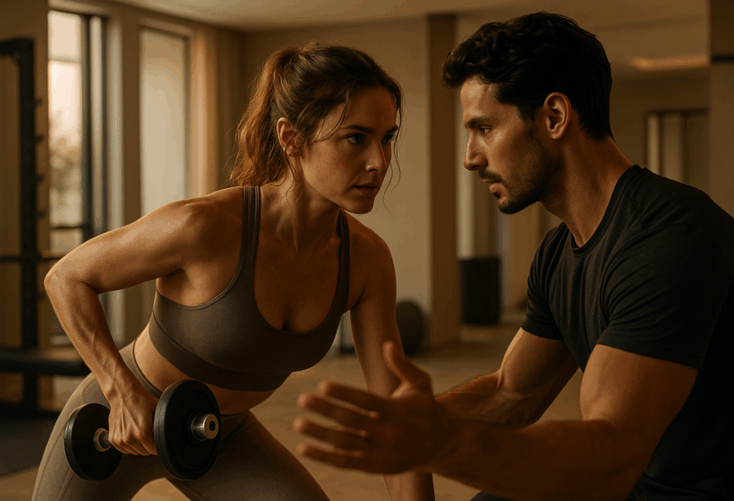 Personal trainer e aluna em conexão profunda durante treino personalizado de alta performance. Estúdio boutique, atmosfera premium e envolvente.