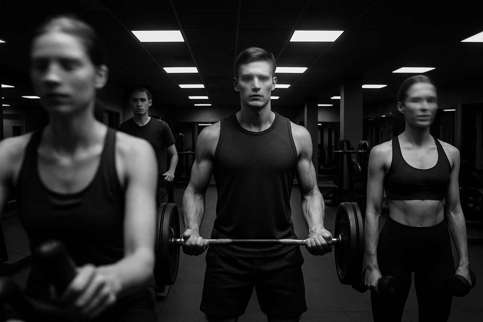 20250724_0928_Robotic Gym Routine_simple_compose_01k0y6ec0nexgvczvhgz12sbcr - TTC Studio de Personal Training Pessoas treinando na academia com rostos desfocados ou desfocados pela velocidade, como robôs, em máquinas, em sincronia, mas sem expressão.