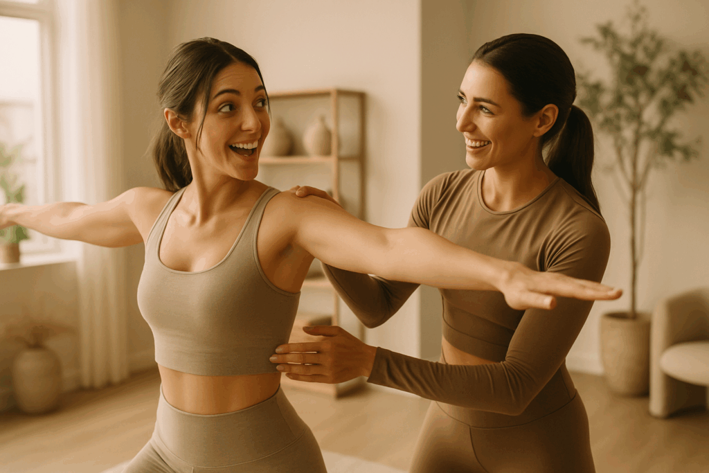 20250724_0932_Boutique Fitness Breakthrough_simple_compose_01k0y6nng6efarh7hbnef2s1qg - TTC Studio de Personal Training Cena próxima e elegante de uma personal trainer sorrindo ao corrigir a postura de uma aluna. Mãos tocando com respeito, energia positiva no ar.