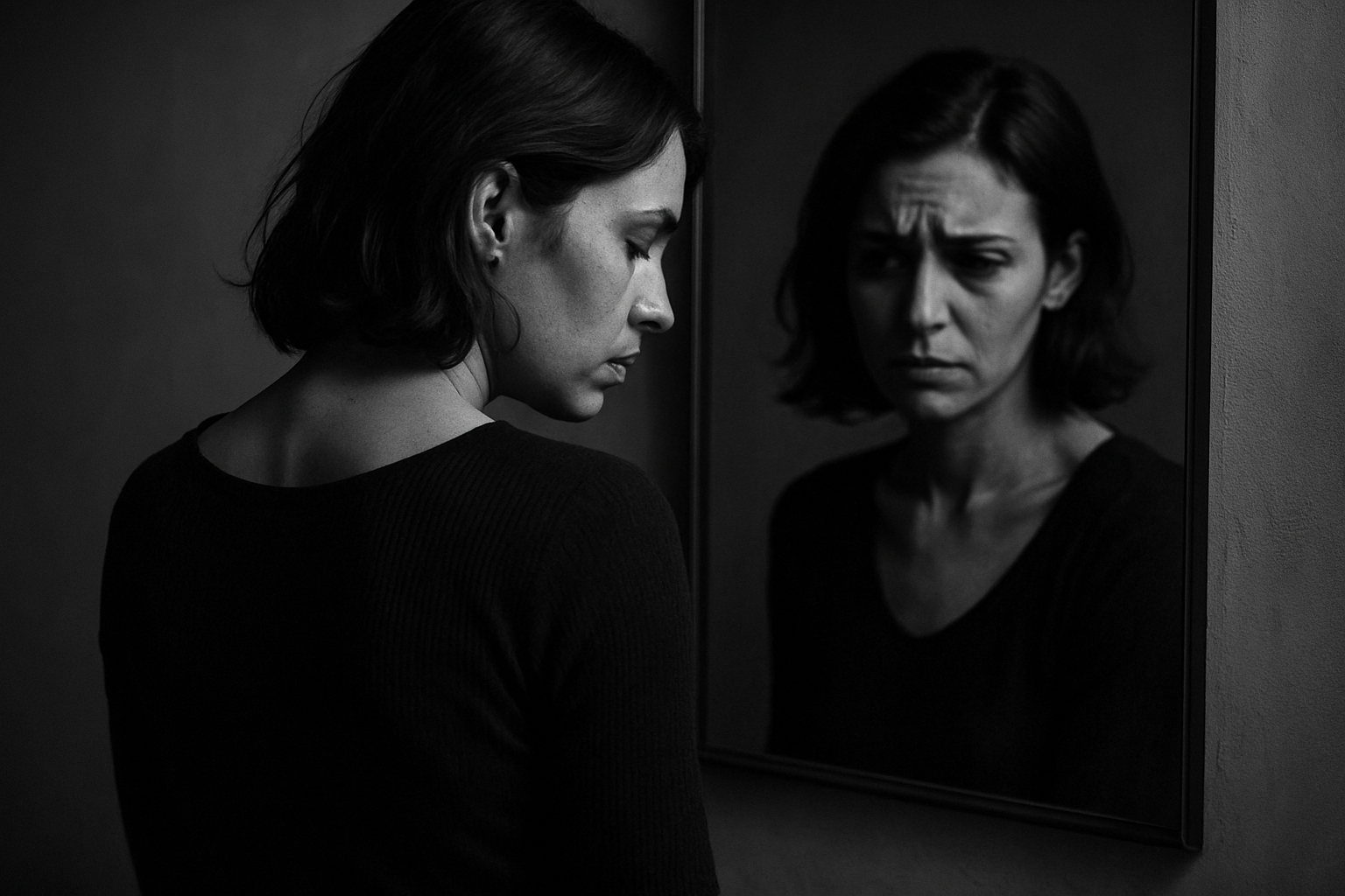 20250725_1515_Reflective Inner Struggle_simple_compose_01k11cqdx6fyct6x6j8njyj83g - TTC Studio de Personal Training Reflexo corporal carregado de insegurança, representando a frustração com o próprio corpo.