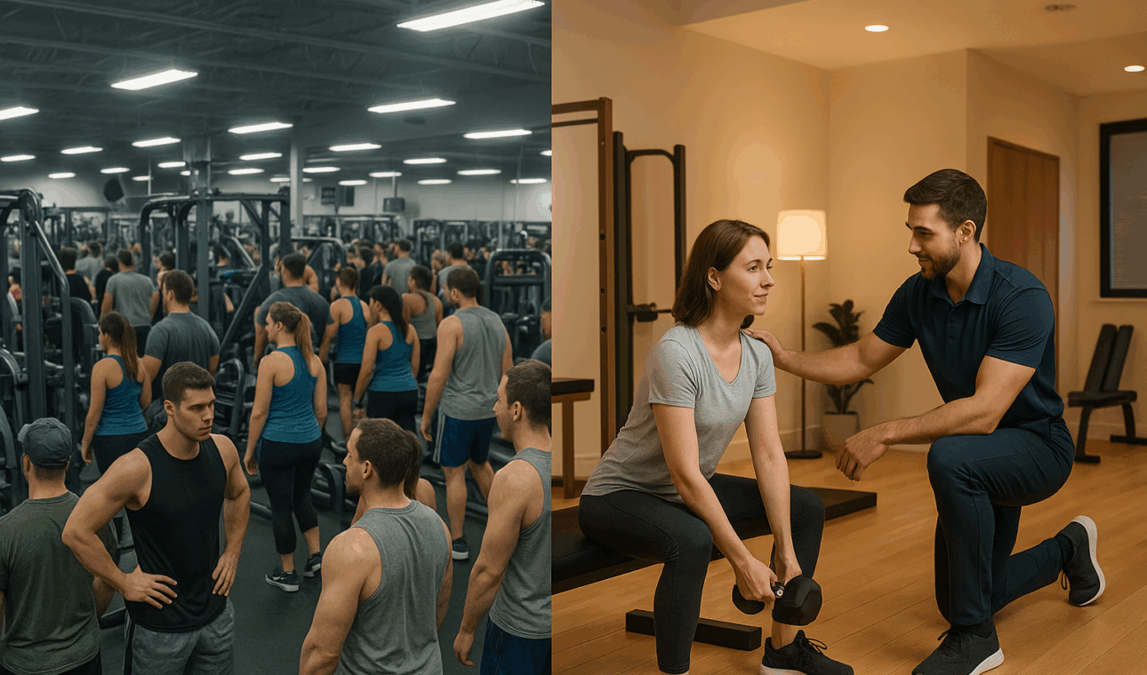 20250725_1614_Contrasting Fitness Worlds_simple_compose_01k11g24tde3pbbpc3n61smf7h - TTC Studio de Personal Training Comparativo entre academia lotada e estúdio de personal training acolhedor e personalizado.