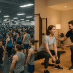 Comparativo entre academia lotada e estúdio de personal training acolhedor e personalizado.