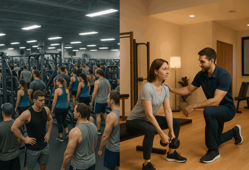 20250725_1614_Contrasting Fitness Worlds_simple_compose_01k11g24tde3pbbpc3n61smf7h - TTC Studio de Personal Training Comparativo entre academia lotada e estúdio de personal training acolhedor e personalizado.