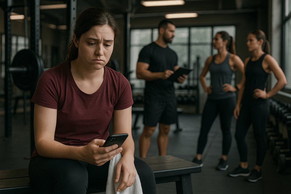 20250725_1615_Disconnection at the Gym_simple_compose_01k11g3ttdenerw8yy1vhqyyc4 - TTC Studio de Personal Training Mulher em academia se sentindo ignorada e sem vínculo com o ambiente.