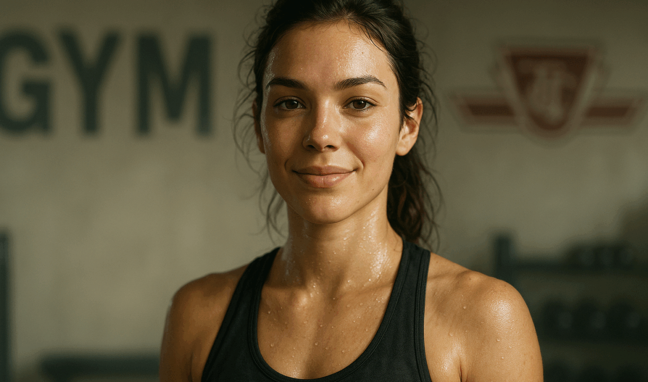Atleta pós-treino orgulhosa no TTC - TTC Studio de Personal Training Mulher suada sorrindo após treino no TTC