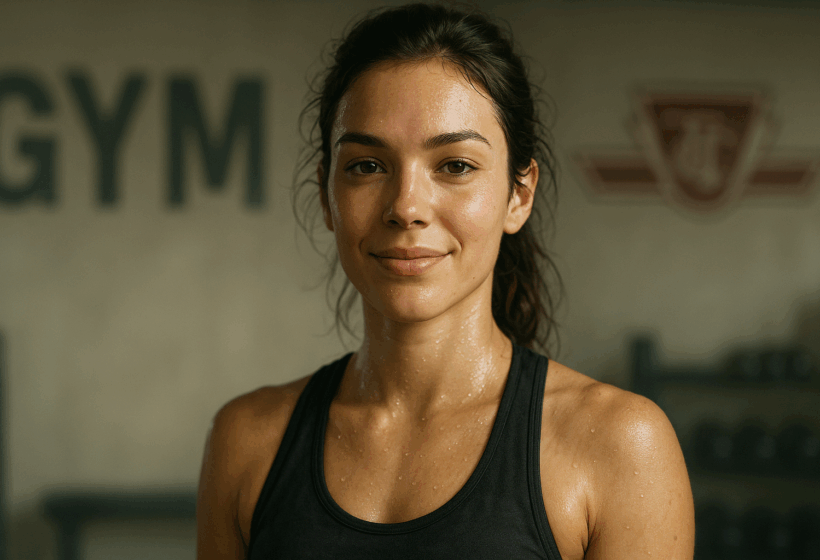 Atleta pós-treino orgulhosa no TTC - TTC Studio de Personal Training Mulher suada sorrindo após treino no TTC